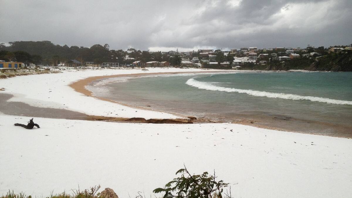 Malua Bay Beach turns white with hail. PHOTO: Bernadette Minuti