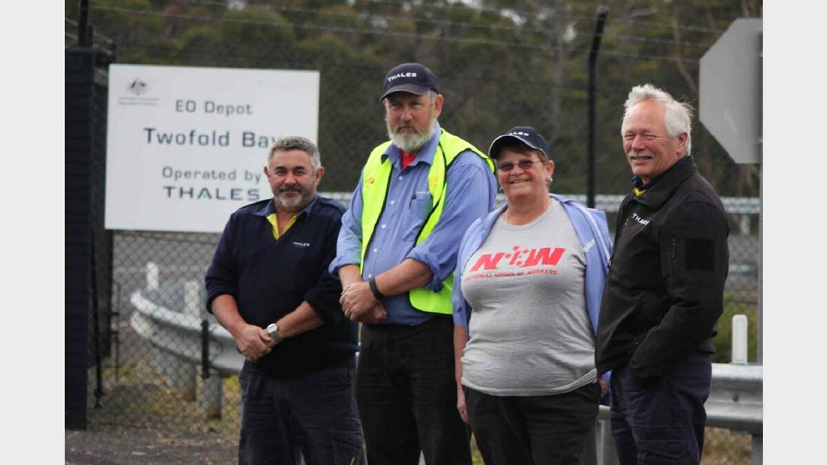 EDEN: National Union of Workers members Kevin Stone, Wayne Walsh, delegate Heidi Welsh and Ken Campbell walk off the job at Thales explosive ordinance depot near Eden on Friday morning.