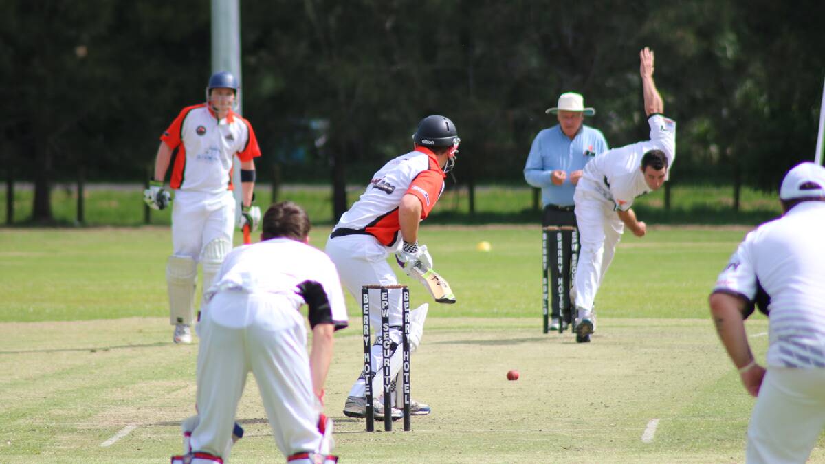 FAST ACTION: (Above) Berry-Shoalhaven Heads’ Ty Cherry delivers a ball to Batemans Bay’s Luke Condon. Cherry finished the innings on 3/9. 