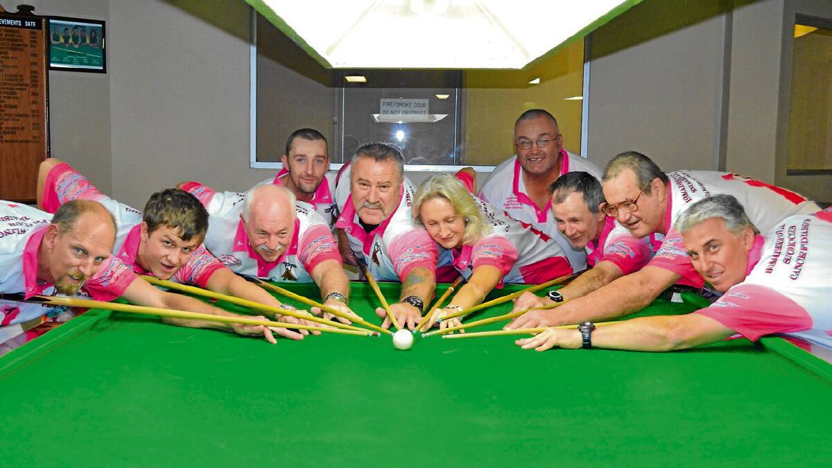 ON CUE: Local snooker players Dave Wallington, Scott Cusack, Tony Rapps, Scott Rapps, Dave Smith, Anne Green, Adam Cusack, Duncan McArthur, Allan Gardner and Slavco Kotevski gear up for the Bomaderry Bowling Snooker Club Cancer Fund-raising Marathon.