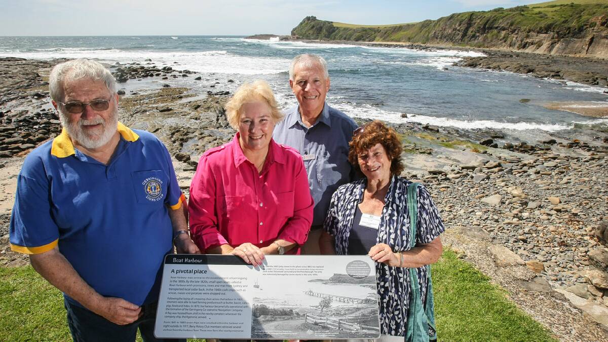 SEA STORIES: Gerringong Lions member James Doak with Gilmore MP Ann Sudmalis, Kiama Mayor Brian Petschler and Gerringong Historical Society’s Alma Macpherson at the launch of the new interpretive signs at the Gerringong Boat Harbour. Photo: DYLAN ROBINSON