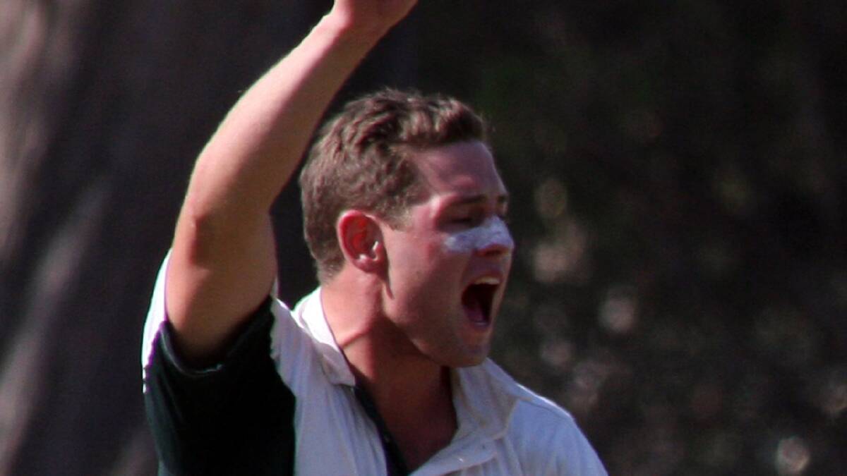DOING THE DAMAGE: Nowra’s Alex Legge celebrates a wicket during his spell of 4/18 against Bay and Basin on Saturday.  Photo: CATHY RUSSELL  