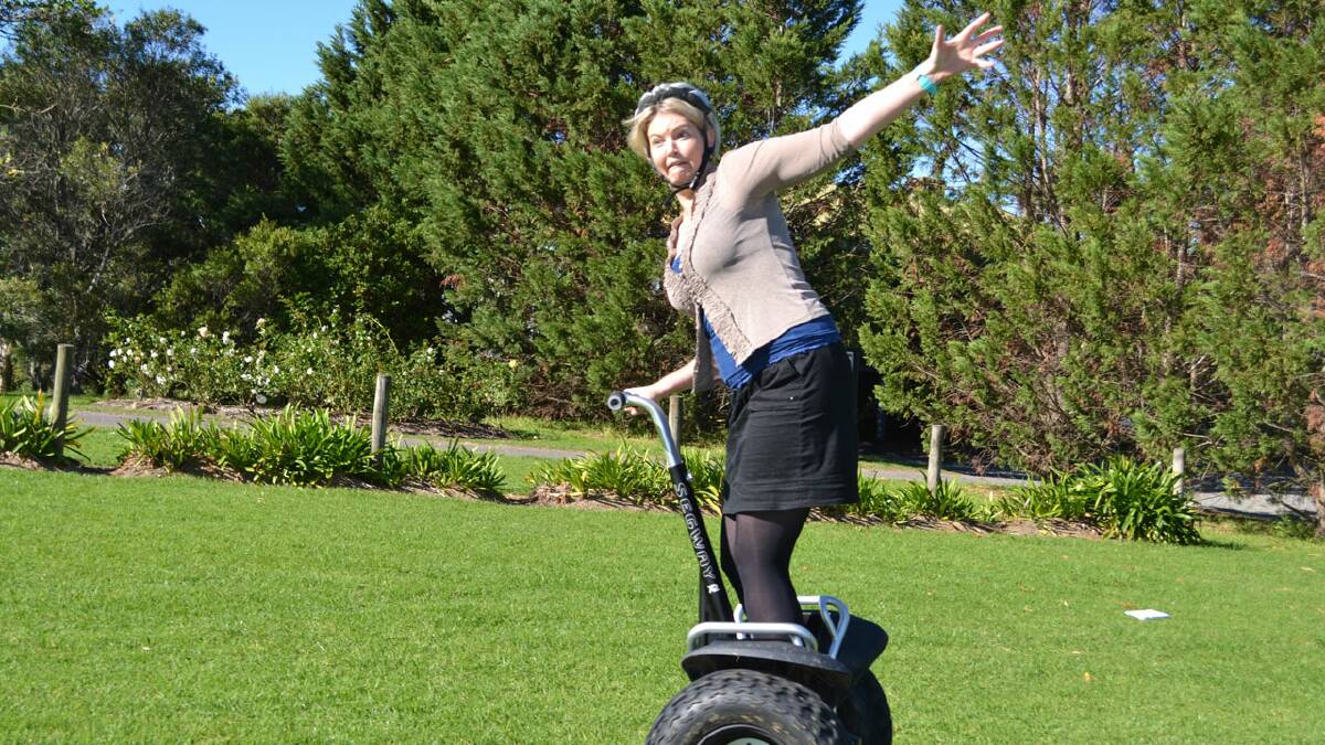 STEADY ON: Register journalist Dayle Latham tries out the Segway, which will be on show at this weekend’s Business Exchange Expo at the Shoalhaven Entertainment Centre.