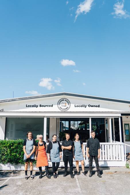 From left to right Aeden McKinnon, Claude Irwin, Madison Behringer, Riley Hooper, Chantelle Gauci and Tom White standing in front of the café.