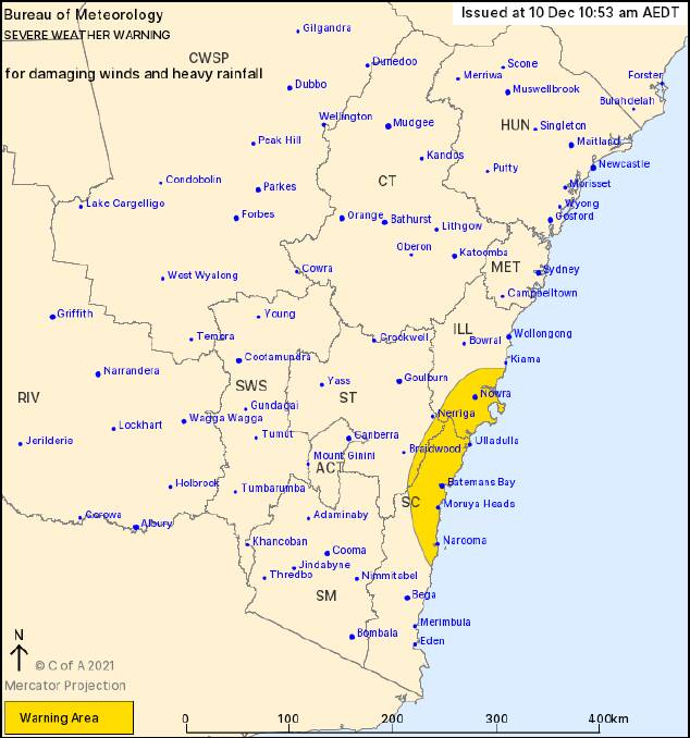 The Bureau of Meterology issued a severe weather warning for Nowra on Friday, December 10.