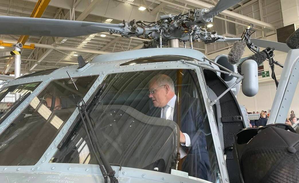 Prime Minister visited Sikorsky Australia's manufacturing site at Yerriyong on Monday where he inspected a Seahawk helicopter and made a defence expansion announcement. Picture: Grace Crivellaro.