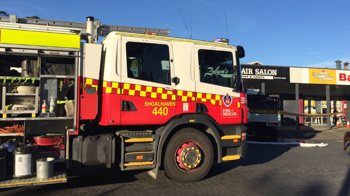 FUEL SPILL: Firefighters attended the East Nowra Shopping Centre carpark early Thursday morning to clear several litres of diesel that had ran out of a ute's punctured fuel tank. 