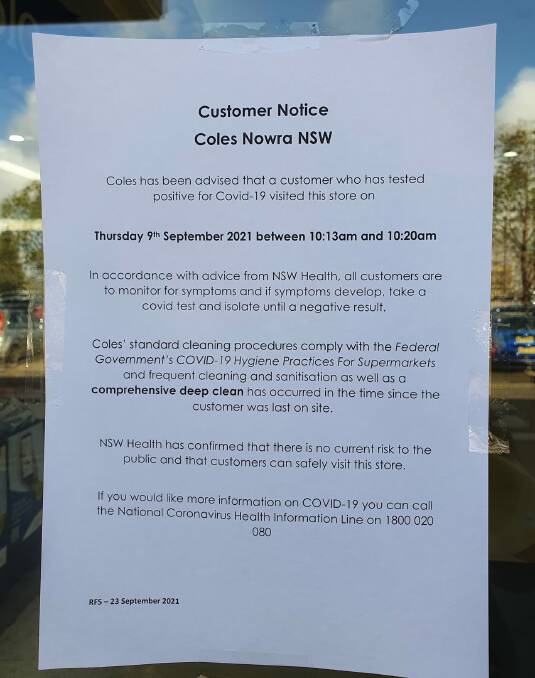 Coles Nowra signage outlines the positive case visited the store on Thursday, September 9.
