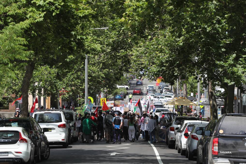 The crowd of Palestine supporters marching through lower Crown Street on November 12 for the fourth weekend in a row. Picture by Robert Peet