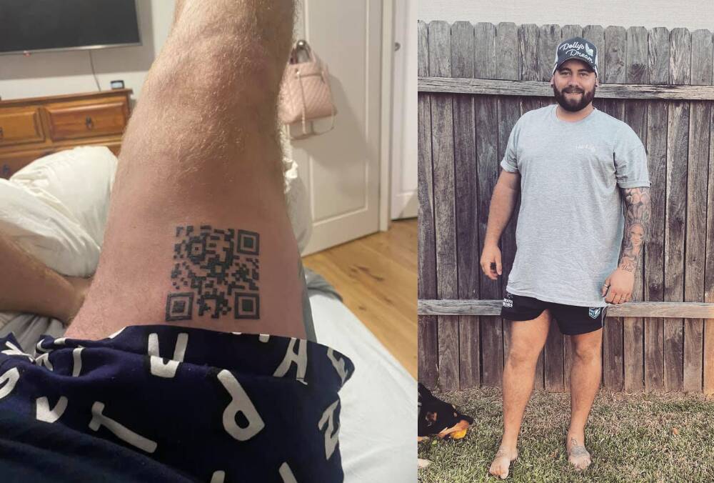 PERMANENT QR CODE: Nowra tradie Jimmy Heffernan decided to mark the QR codes that have become the norm on his leg for life - and it actually works. Images: supplied.