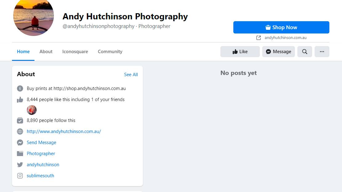 Unintentional ban: Once filled with vibrant imagery of the South Coast, Berry photographer Andy Hutchinson's Facebook page is now completely blank after being caught up in Facebook's news ban. 
