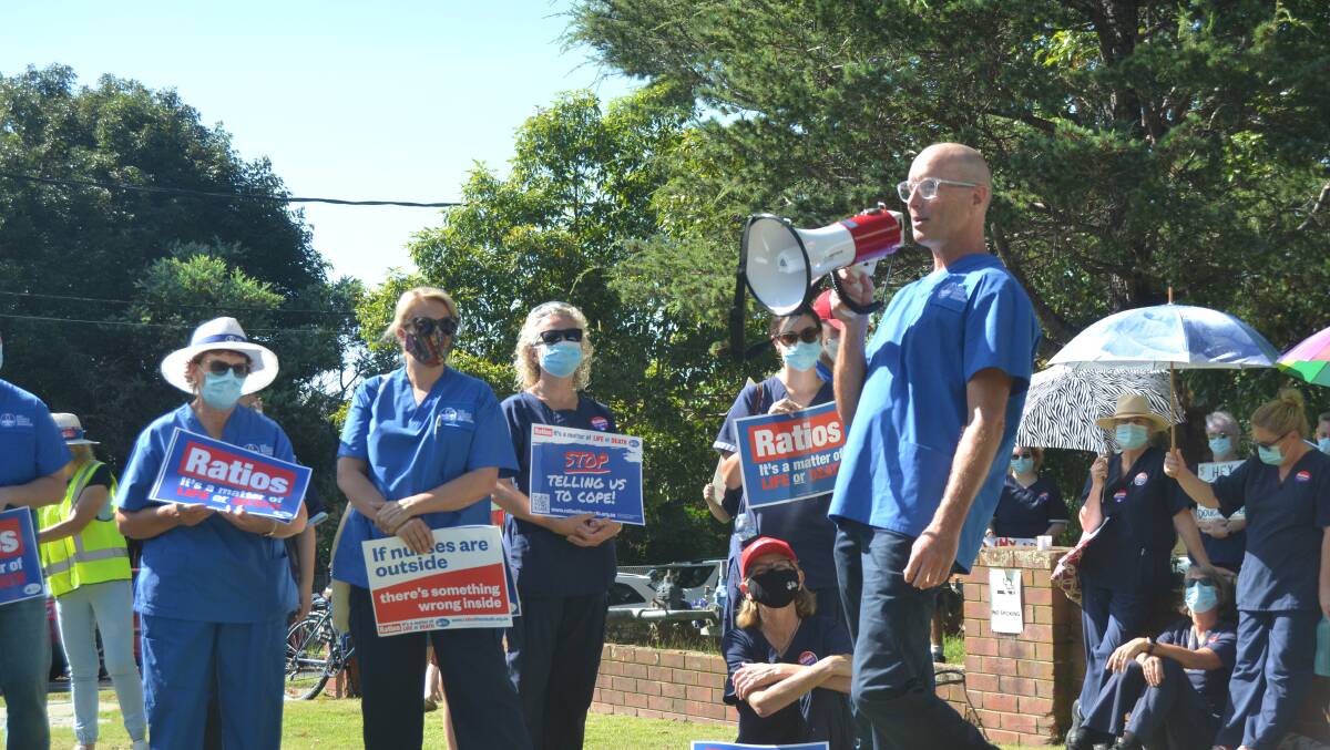 'EXHAUSTED': Secretary of the NSWNMA Shoalhaven Hospital branch Michael Clarke at the rally outside of Shoalhaven Hospital on February 15. Image: Grace Crivellaro.