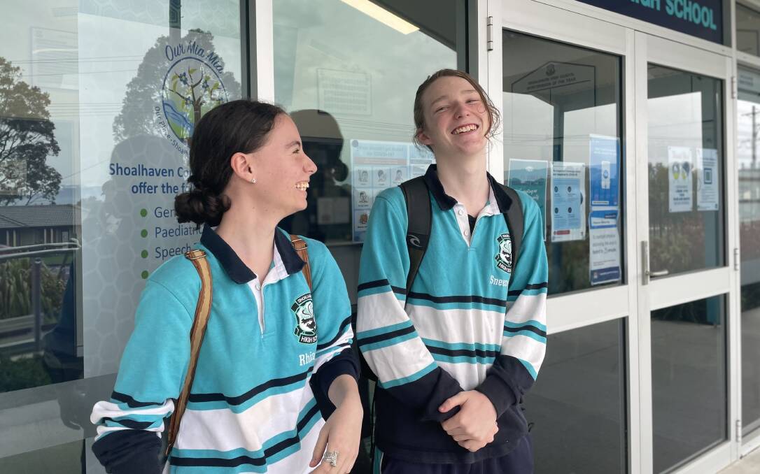 ALL SMILES: Shoalhaven High School HSC students Rhiannon Chappell-Rollo and Riley Herbert were thrilled to have completed their second English exam on Wednesday, November 10. Image: Grace Crivellaro.