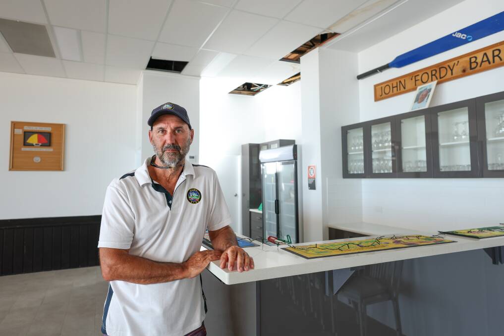 Kiama SLSC president Phil Perry in front of damage to the ceiling at the club on December 28. Picture by Adam McLean