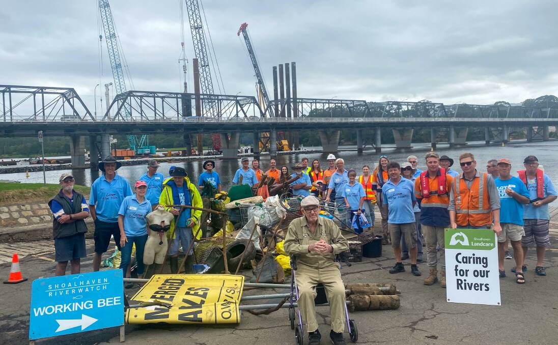 2021 HAUL: Shoalhaven Riverwatch volunteers and Fulton Hogan employees with their haul from the Shoalhaven River clean up.
