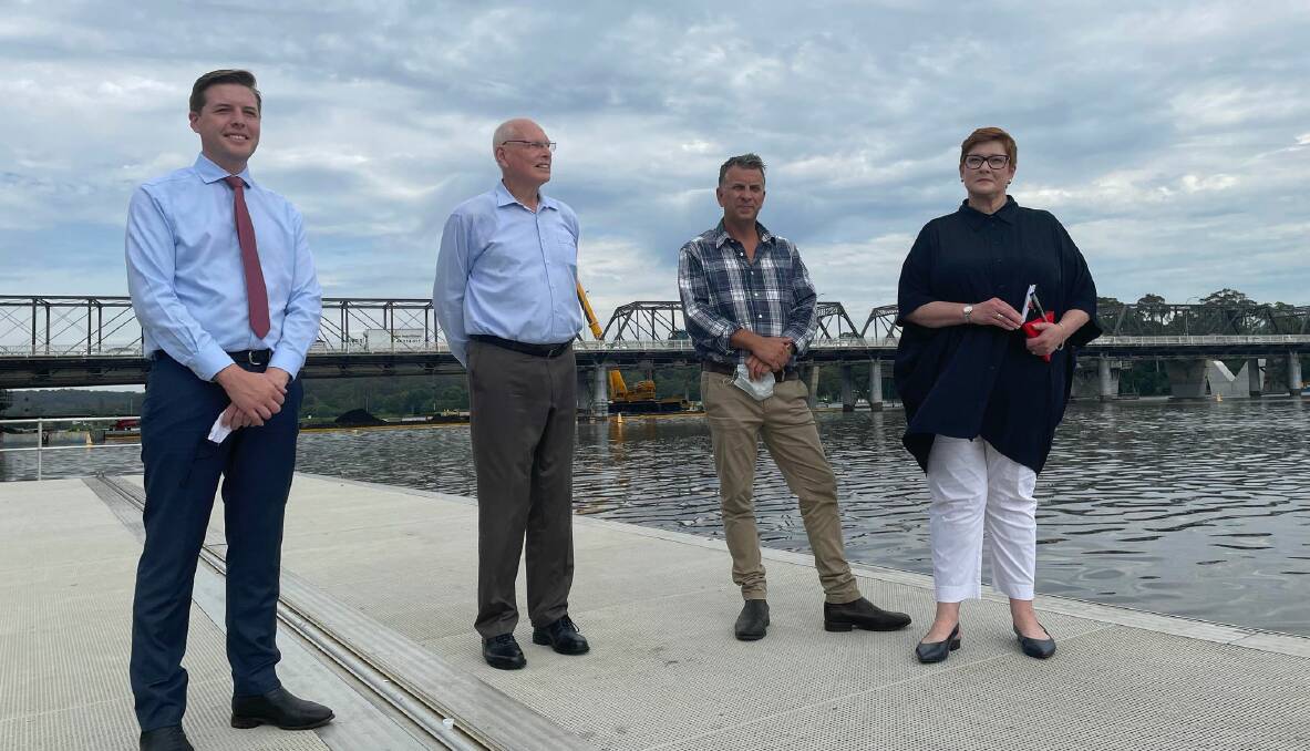 Shoalhaven councillor Paul Ell, NSW Senator Jim Molan, Andrew Constance and Minister for Foreign Affairs Marise Payne at the Nowra Bridge project earlier this year when Mr Constance was endorsed as Liberal's Gilmore candidate. Image: Grace Crivellaro.