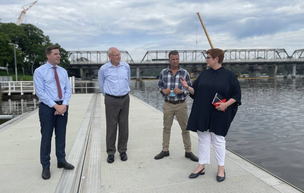 ENDORSED: Shoalhaven councillor Paul Ell, Senator Jim Molan, Andrew Constance and Minister for Foreign Affairs Marise Payne in front of the Nowra bridge project when Constance was announced as Gilmore candidate in January. Image: Grace Crivellaro.