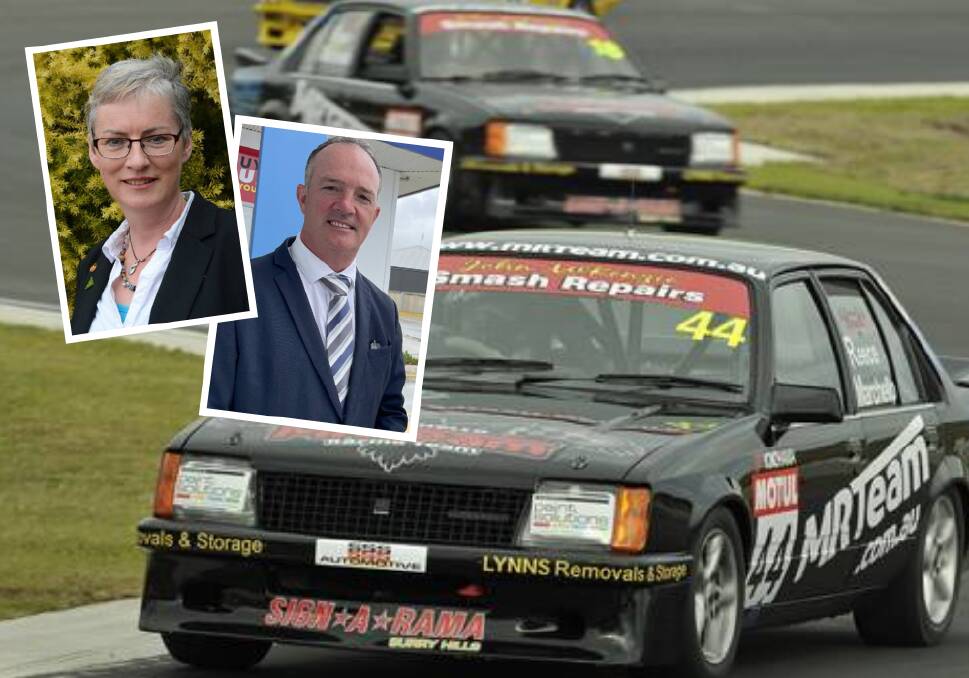TRACK: Current Shoalhaven Mayor Amanda Findley and former Shoalhaven Mayor Paul Green have come forward with their views on a motorsport complex for the area. File image. Insets: Amanda Findley, Paul Green.