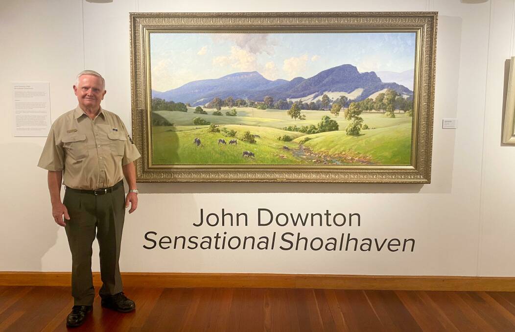 SENSATIONAL: John Downton OAM with his oil on canvas painting 'Meandering Melodies', showcasing farmlands in the Kangaroo Valley. Image: Grace Crivellaro.