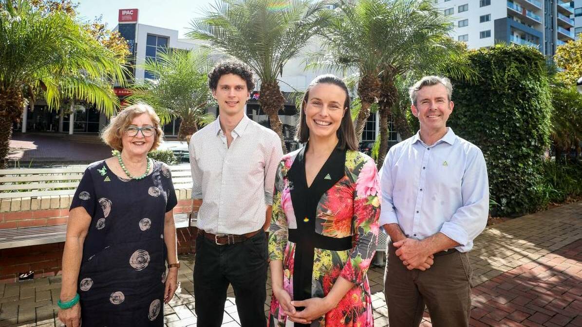 CANDIDATES: Carmel MacCallum (Gilmore) announced on Monday the Greens' plan to fully fund mental health appointments under Medicare, alongside Dylan Green (Cunningham), Dr Amanda Cohn (Senate) and Jamie Dixon (Whitlam). Picture: Adam McLean.
