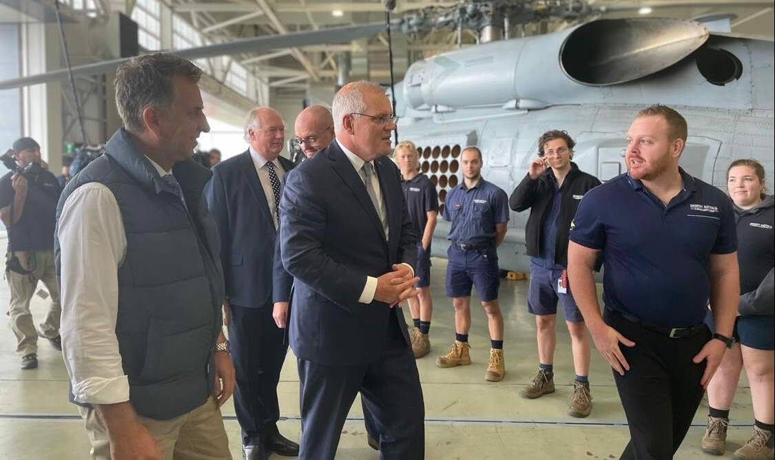 Prime Minister Scott Morrison touched down at Sikorsky Australia's Nowra headquarters on Monday. It was his second visit to the Gilmore electorate since his federal election campaign trail kicked off last month. Picture: Grace Crivellaro.