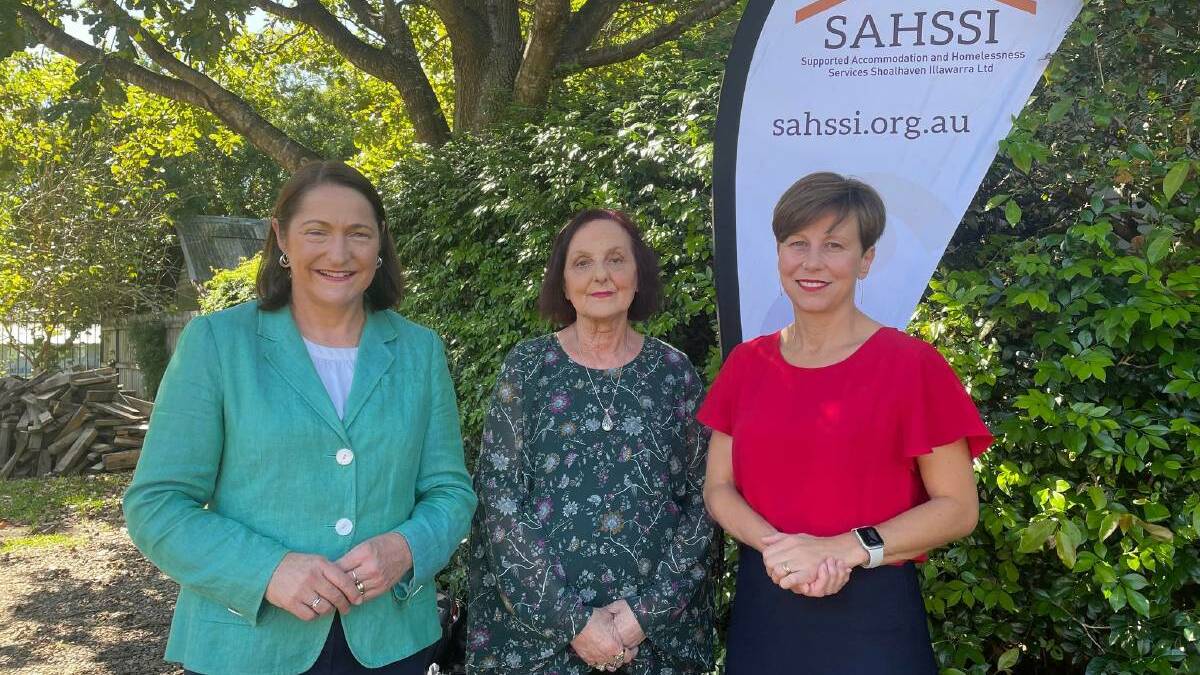 CRISIS BEDS: Fiona Phillips, SAHSSI CEO Kathy Colyer, Labor senator and shadow minister for prevention of family violence Jenny McAllister gathered for the party's pledge of $1.5m for crisis accommodation on the South Coast on April 19. Picture: Grace Crivellaro.
