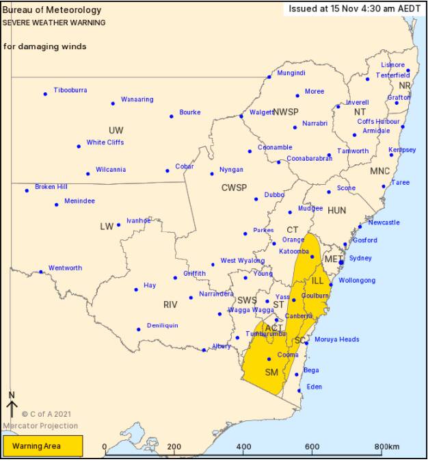 DAMAGING WINDS: BoM issued the severe weather warning at 4.30am Monday, November 15, with winds expected to ease through the day.
