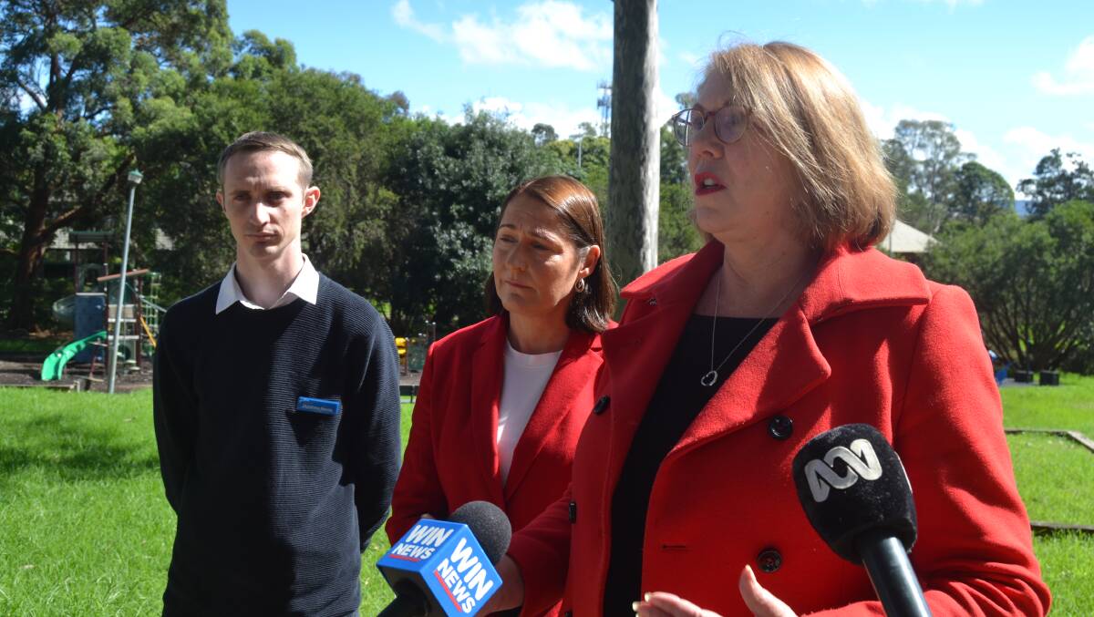 Shoalhaven councillor Matthew Norris, Gilmore MP Fiona Phillips and shadow minister for infrastructure Catherine King making the announcement in Nowra on Thursday. Image: Grace Crivellaro.