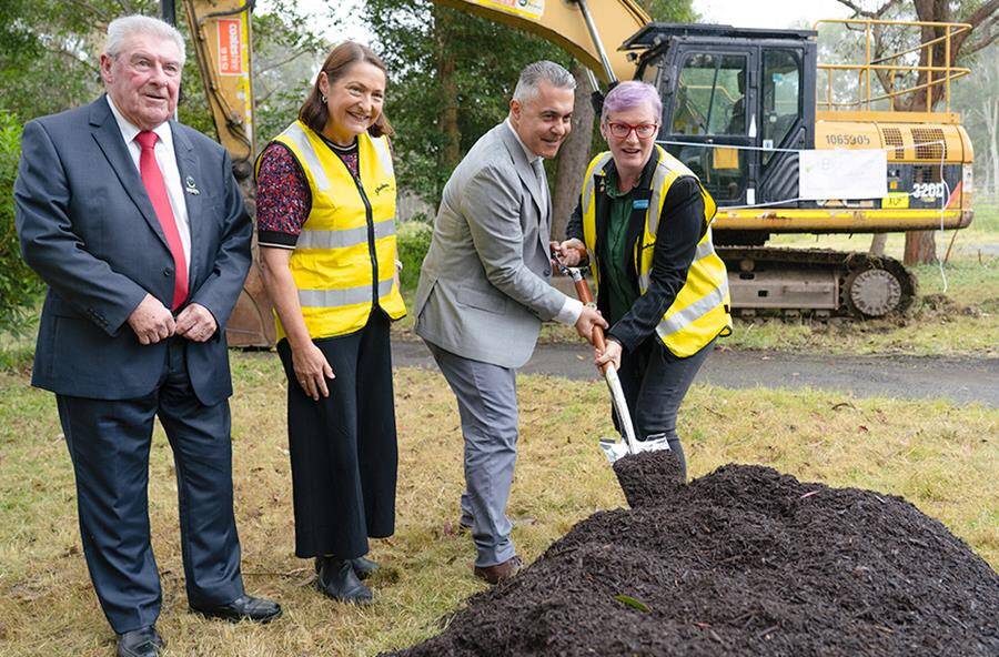 AUSTRALIA-FIRST: Councillor John Wells, Gilmore MP Fiona Philips, Managing Director at Biolelektra Fred Itaoui and Shoalhaven Mayor Amanda Findley turning the first sod for the Resource Recovery Facility at West Nowra. Image: supplied.