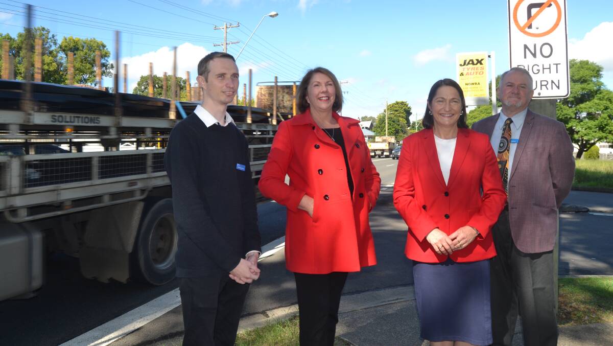 PROJECT PROMISE: Shoalhaven councillor Matthew Norris, shadow infrastructure and transport minister Catherine King, incumbent Gilmore MP Fiona Phillips and Shoalhaven councillor John Kotlash joined to announce Labor's $5 million pledge for the Nowra Bypass. Image: Grace Crivellaro.
