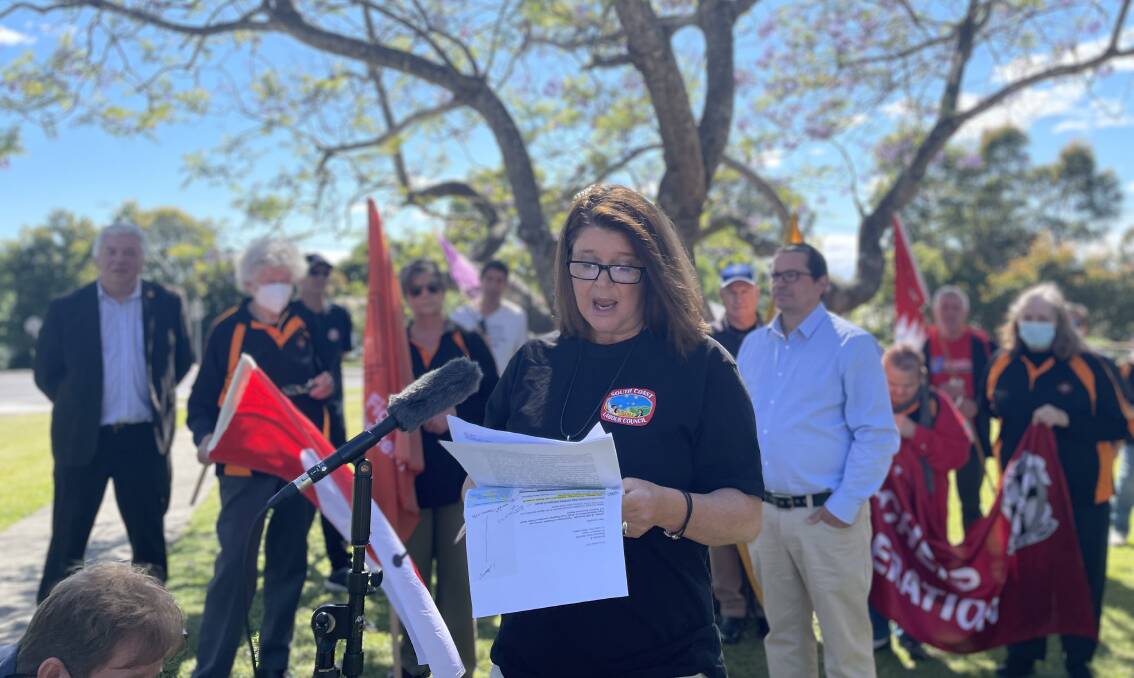RALLY: South Coast Labour Council president Tina Smith took to the crowd of more than 30 public service workers on Tuesday, November 16. Image: Grace Crivellaro.