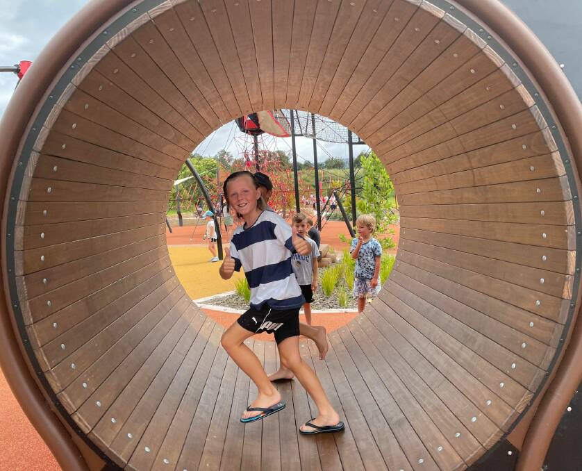 THUMBS UP: Archie Davidson, 10, approves of the Boongaree Rotary Nature Play Park's hamster wheel. Image: Grace Crivellaro.