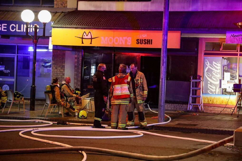Emergency services responded to calls of a fire at Moon's Sushi in the Nowra CBD at 12.40am Sunday, January 16. Image supplied by Brad Will.