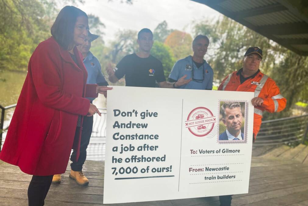 JOBS: AMWU members and manufacturers from Newcastle joined Fiona Phillips in Gilmore with a clear message on Thursday. Picture: Grace Crivellaro.