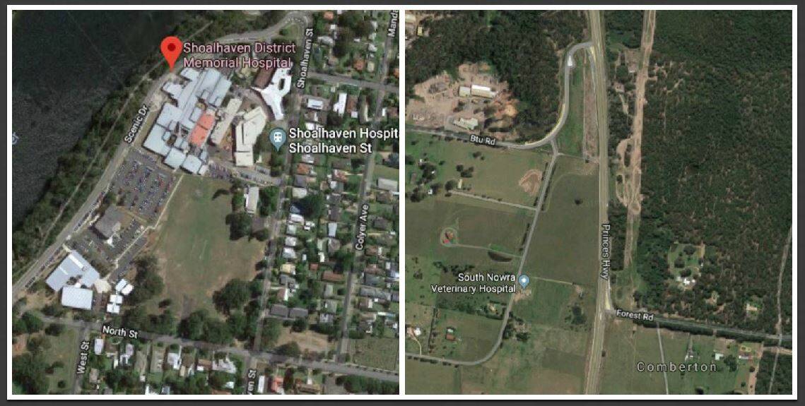 The current Shoalhaven District Hospital site (left) and the land at the corner of BTU/Forest roads and the Princes Highway, South Nowra. Image: Google Maps. 