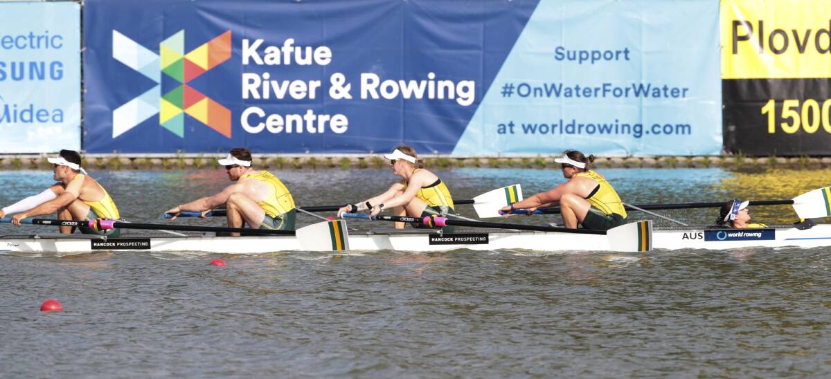 Dalmeny's Nikki Ayers in the bow seat competing in a PR3 Mixed Four competition in 2018. Image: Rowing Australia.