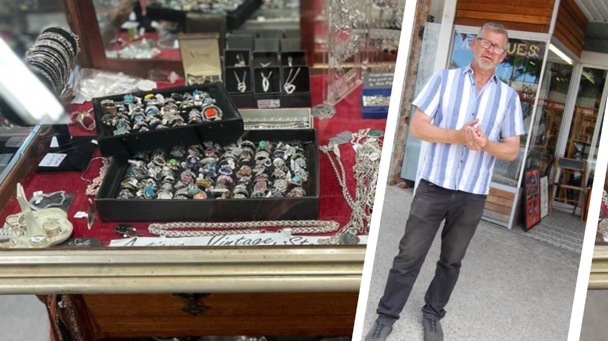 Owner of Eden Antiques, Collectables & Old Wares Eric Wolske (file picture inset) with some of the $100,000 worth of stolen jewellery.