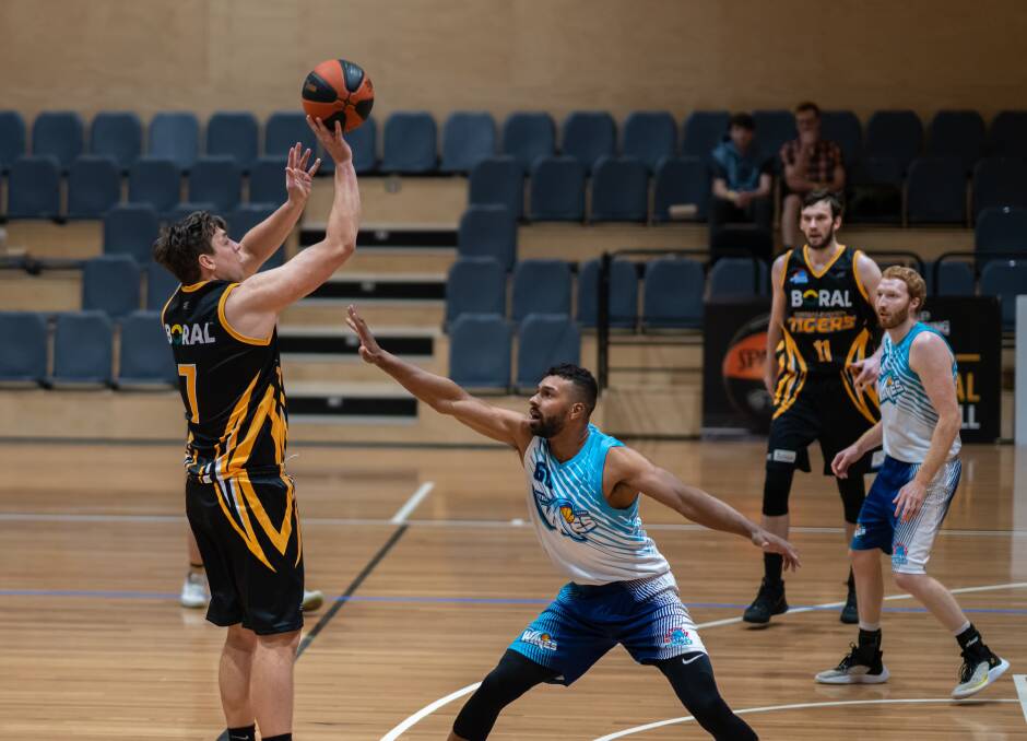 DOUBLE-HEADER: William Ozolins shooting a three in last weeks match against Central Coast. Picture: Supplied. 