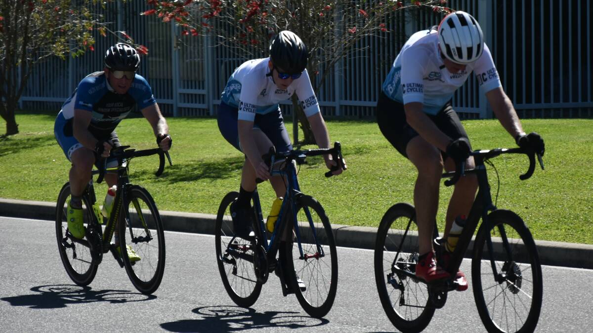 Phil Rice ahead of Zac peters and jason Spence in the NVC's division 2 race at the Donut Series. Supplied picture 