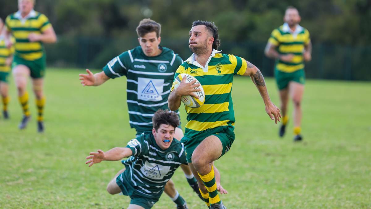 Shoalies' Mark Brandon finished with 34 points for the match after scoring four tries and kicking seven conversions in Shoalhaven's 59-0 victory over Shamrocks at Ocean Park on Saturday. Picture by Wes Lonergan 