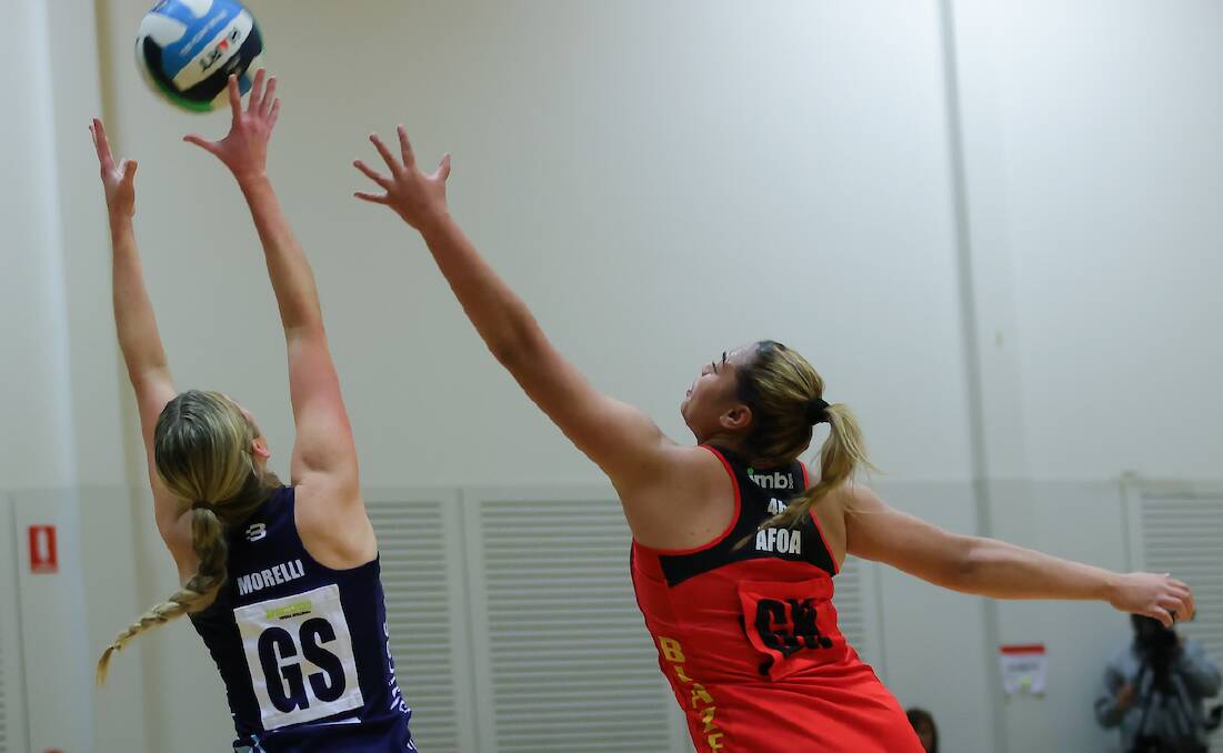 DOMINANT: Blaze's Anastasia Afoa defending against the Sapphires. Picture: May Bailey/Clusterpix