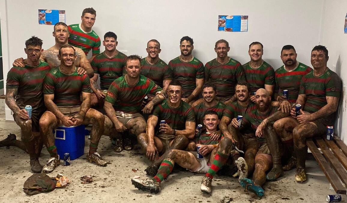 A muddy and battle-tested Jamberoo side after their win against Warilla. Picture: JAMBEROO SUPEROOS SENIOR RLFC. 