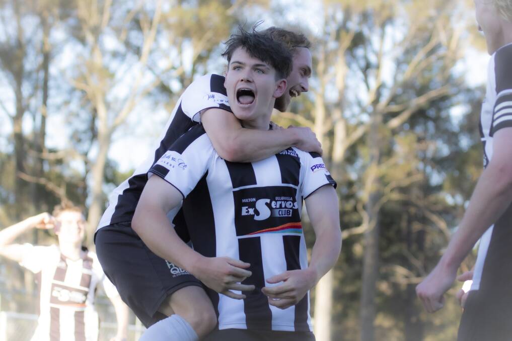 Milton-Ulladulla Panthers' Jaxon Scholtz (centre) and Arlo Crowley (back) celebrating after their goal on Saturday. Picture by Team Shot Studios. 