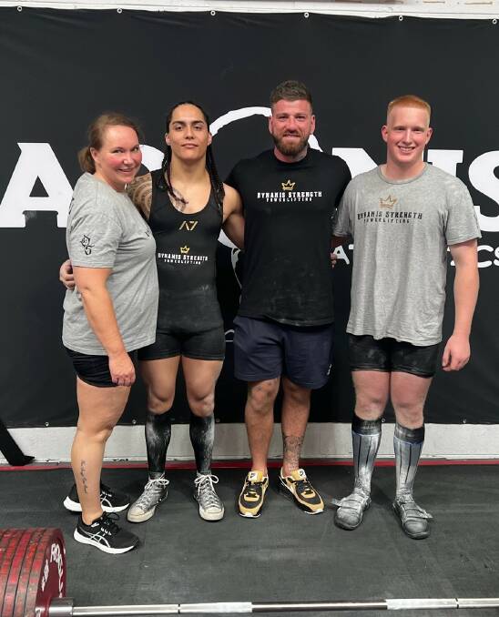 The record-breaking Dynamis Strength team of Linda Rose-James, Zeke Mcauslin, coach Manny Tsiolakis and Kristian Arcus. Picture supplied. 