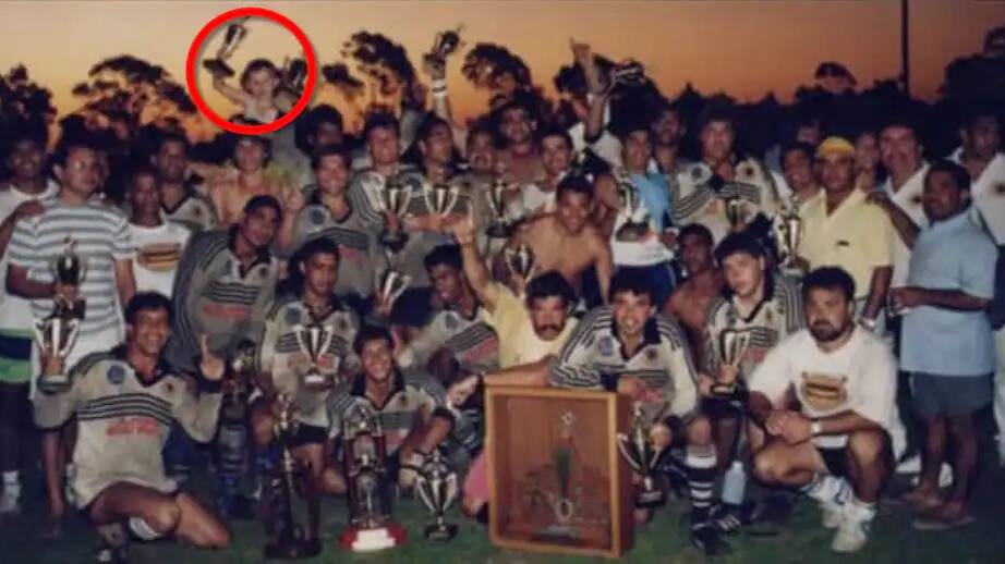 Former Rugby League player, Beau Champion age 3 (holding trophy, back row) after his father Darren Champion won the Knockout in 1991 for La Perouse. Supplied picture 