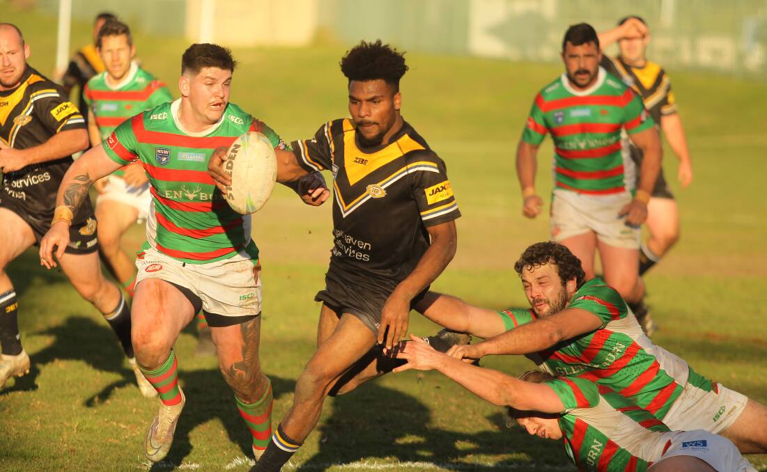 CLASH: Nowra Bomaderry Jets centre Jayden Omoeboh causing the Jamberoo defence all sorts of problems during Saturday's clash at Kevin Walsh Oval. Picture: KIARA FOYE