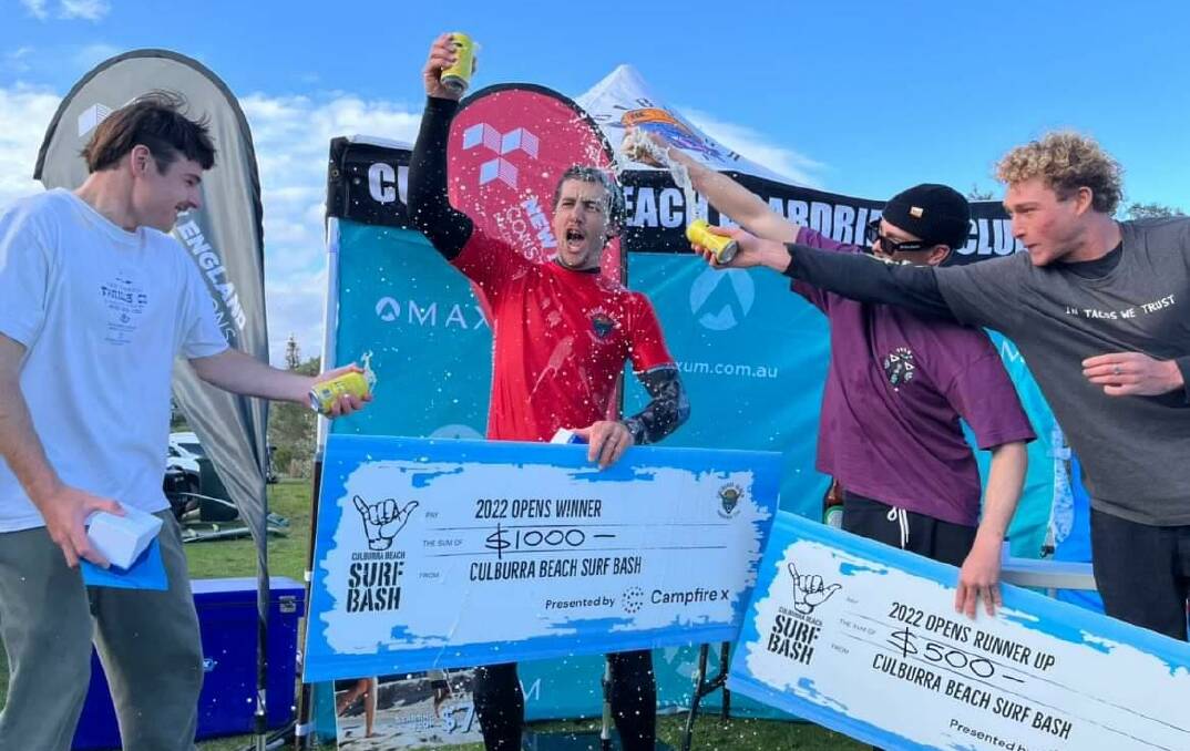 Culburra Beach's Ty Watson (centre) and Ulladulla's Luke O'Connell (right) celebrating their win at the Surf Bash. Picture by Giant Pictures 