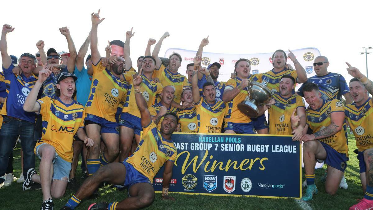 Warilla Lake South Gorillas celebrate their Group Seven grand final victory after beating Gerringong Lions 16-14 at Centenary Field. Picture: Robert Peet