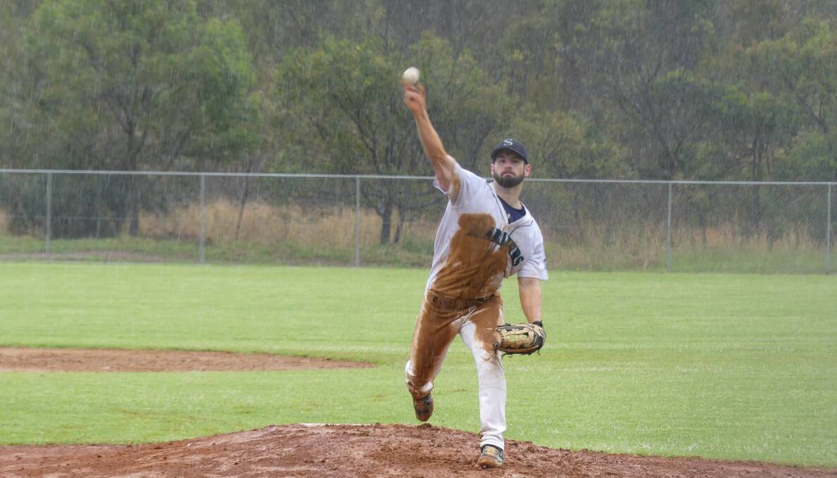 A muddy Lee Lawson on the mound for the Mariners. Supplied picture 