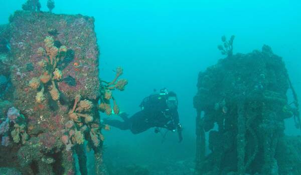 A diver swimming between the TSS Wandra's engines. Picture by Michael McFadyen.